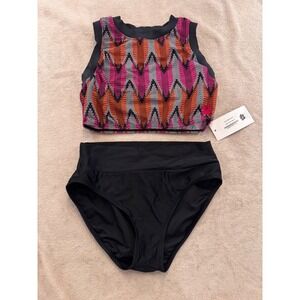 Hapari Tulum Half Tank High Waisted Bikini Swim Set Pink Orange SPF 50 Sz M